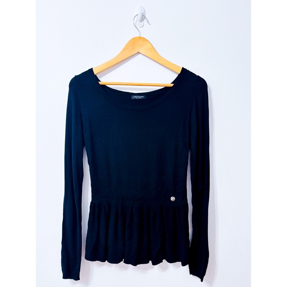 CRISTINAEFFE Black Ruffle Hem Long Sleeve Knit Peplum Top Size 42 IT